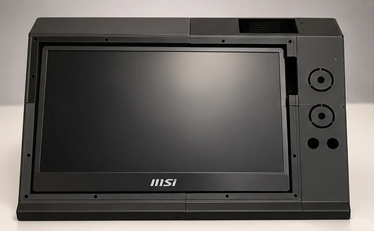 Vista frontal: pantalla MSI apagada y, a su derecha, dos anillos para pomos y dos agujeros redondos.