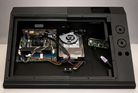 Interior visto desde arriba sin la pantalla: placa base HP con memoria y disipador, disco duro con un ventilador encima, Raspberry Pi con HAT y cables.