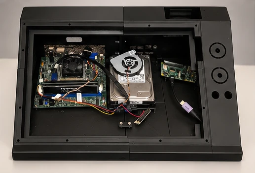Otra vista del interior desde arriba: placa base HP, disco duro con ventilador encima, Raspberry Pi con HAT y cableado.