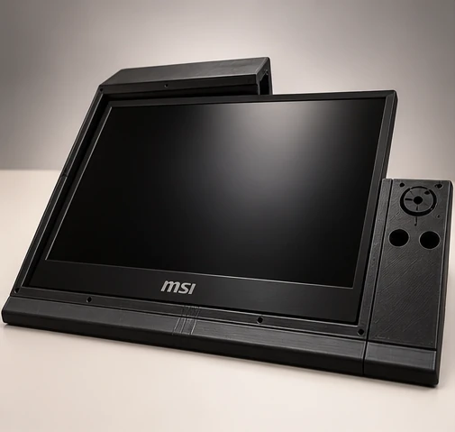 Pantalla MSI apagada montada en la carcasa negra y, a la derecha, el módulo de mandos con un anillo y dos agujeros.