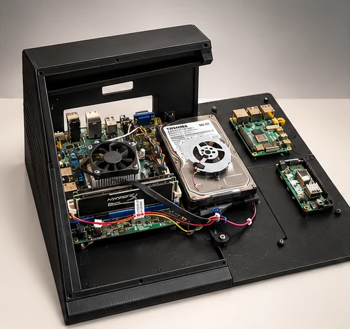 Carcasa abierta sin la pantalla: placa base HP con disipador, disco duro con un ventilador encima y dos Raspberry Pi sobre la base.