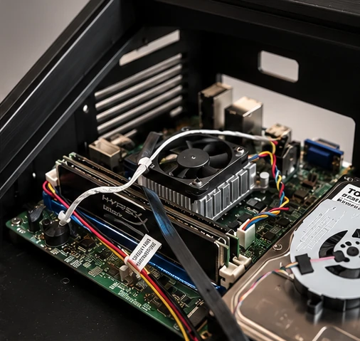 Detalle de la placa base HP: módulos de memoria HyperX, disipador con ventilador y cables; a la derecha asoma el disco con su ventilador.