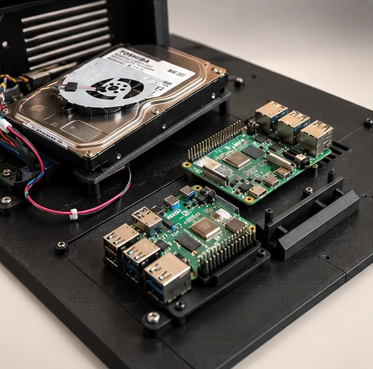 Disco duro Toshiba con un ventilador encima y, al lado, dos Raspberry Pi atornilladas a la base negra.
