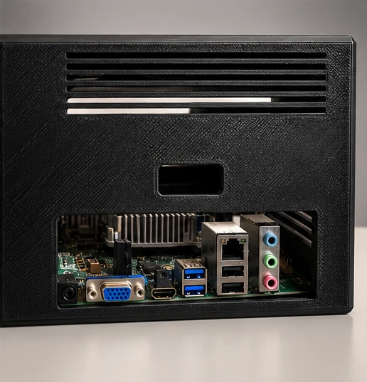 Trasera de la carcasa con rejilla de ventilación y una ventana por la que se ven los puertos de la placa HP: VGA, HDMI, USB, red y audio.