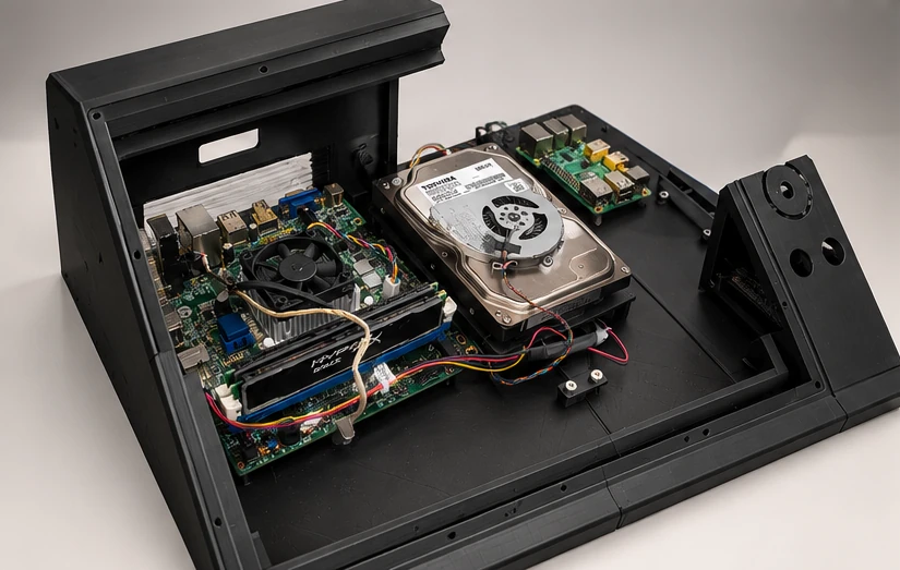 Interior de la carcasa abierta visto en tres cuartos: placa base HP con memoria y disipador, disco duro Toshiba con un ventilador encima, Raspberry Pi y cables.