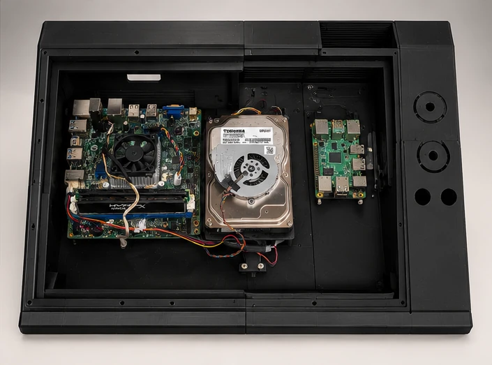 Interior visto desde arriba sin la pantalla: placa base HP, disco duro Toshiba con un ventilador encima y Raspberry Pi; a la derecha, los anillos de los mandos.