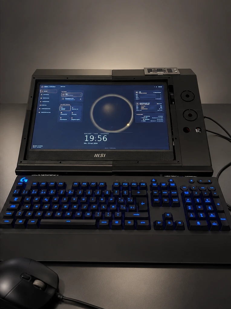 El prototipo encendido visto de frente: la pantalla MSI muestra el inicio de Orbit OS con un reloj y un anillo luminoso; a la derecha, los anillos de los mandos; delante, un teclado con retroiluminación azul y un ratón con cable.
