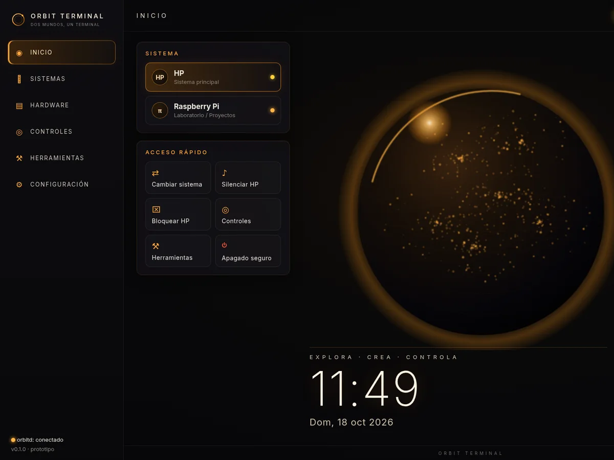 Captura de Orbit OS: pantalla de Inicio con el reloj, el anillo ámbar y los accesos rápidos