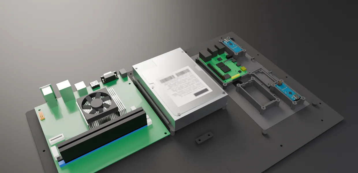 Render del interior: base con la placa del HP (dos módulos de RAM negros, disipador con ventilador y puertos traseros), el disco de 3,5 pulgadas con su etiqueta y la bandeja con la Raspberry Pi 4 y los dos Arduino Nano