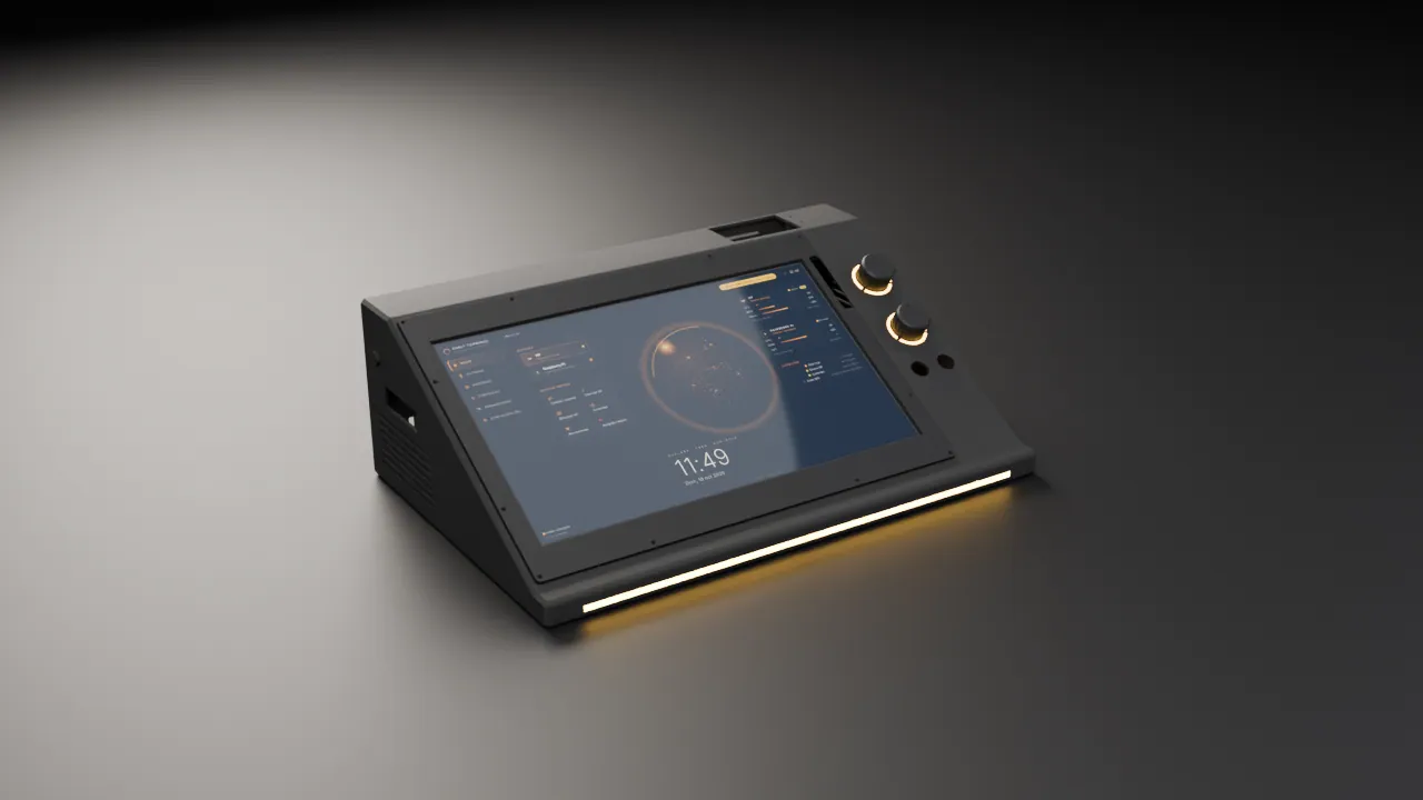 Orbit Terminal montado con la pantalla y la luz ámbar encendidas